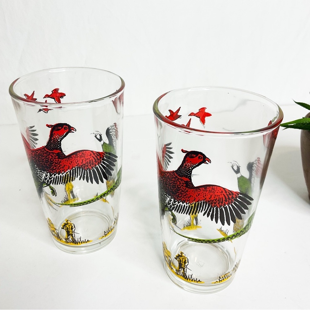Vintage Pheasant Hunting Glass Tumblers Set Retro Bird Barware - Picture 4 of 9
